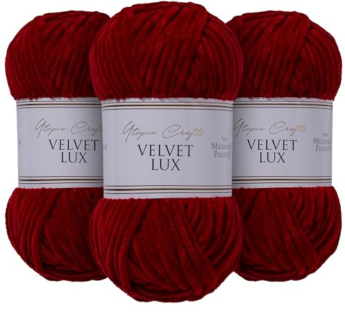 Utopia Crafts Velvet Lux Chenille Wolle 3×100g – Superweiche Häkelwolle & Strickwolle für Decken, Spielzeug, Amigurumi – Häkelnadel 5,5mm, Flauschig (Dunkelscharlach)