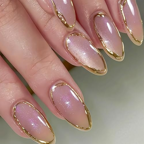 24 Stk Fake Nails Mandel Mittellang, 3D Goldlinie Kunstnägel Zum Aufkleben, Press On Nails Set für Frauen, Anfänger, Profis für Party, Alltag, Hochzeit (Gold)