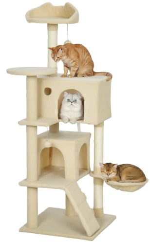 PawHut 140cm Cat Tree for Indoor Use, Multi-Level Cat Tower, Beige | 3 Scratching Posts, Plush Perches & 2 Condos, Large Kitty Activity Centre, Hammock, Ladder, Dangling Balls for Kittens
