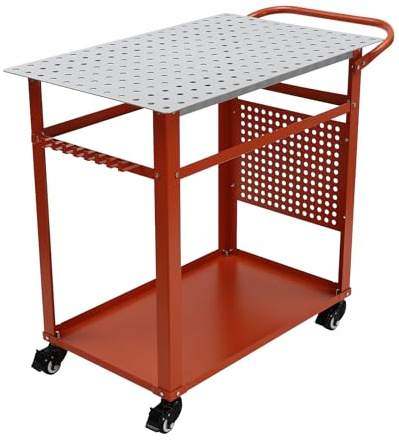 2 Etagen Mobiler Schweißtisch, Werkbank mit Lochwänden, Metal Arbeitstisch mit Seitliche Werkzeugaufhängung und 4 Universal Räder 272kg Last für Garage, Werkstatt