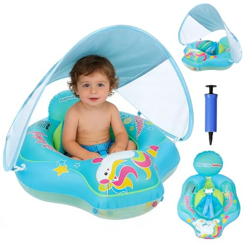 Flotador para Bebe, Flotador de Natación con Dosel, Bebé Anillo de Natación, Asientos de Natación para Bebés, Flotador de Piscina para bebé con toldo, para niños de 6 a 48 Meses (Azul)