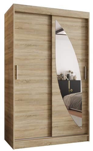 Kryspol - Kleiderschrank mit Spiegel - Schwebetürenschrank - Kleiderschrank 120 cm Breit x 200cm(H) x 62cm(T), 2 Türen, Laminierte Möbelplatte, Schiebetürenschrank Milo 120, Farbe Sonoma Eiche