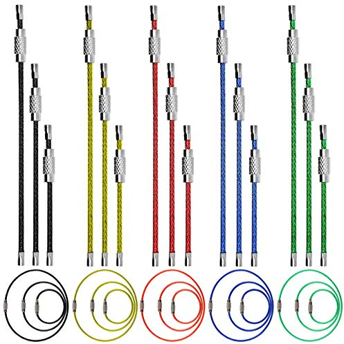 Swpeet Kit de 45 llaveros de alambre de metal, 5 colores y 3 tamaños, llaveros de cable de 2 mm, con conector de acero inoxidable para etiquetas de identificación de equipaje de senderismo, 4