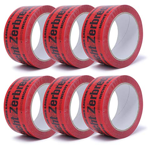 gws Paketband Vorsicht zerbrechlich 6 Rollen Rot PP leise | Verpackungsklebeband Profi-Qualität | Hinweisband deutsch und englisch 50 mm x 66 m