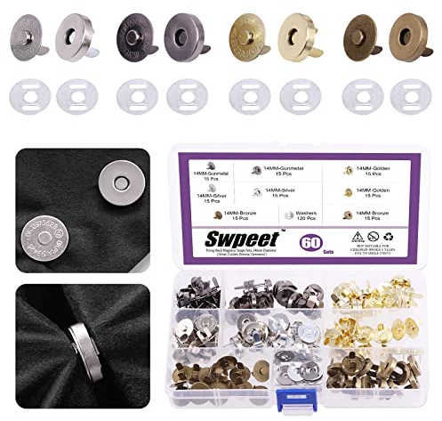 Swpeet 60 Sets magnetische Knopfverschlüsse, 14 mm Metallverschluss, Verschlüsse aus Gold, Silber, Bronze, Schwarz, Basteln, Nähen, Stricken, Knöpfe, Sets zum Nähen, Geldbörsen, Kleidung, Leder