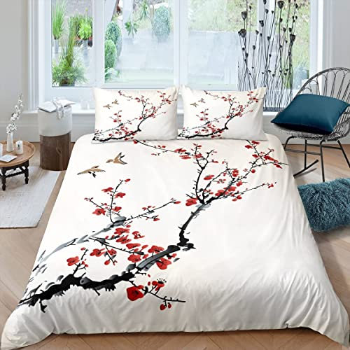 TACOKI Rote Kirschblüte Bettwäsche 135x200 cm Kuschelig Weiche Microfaser 3D Druck Japanischer Stil Bettwäsche-Sets Minimalistisches Weiß Bettbezug + 2 Kissenbezug 80x80 cm mit Reißverschluss