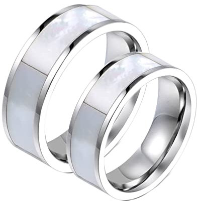 Whoiy Silberne Ringe für Herren, Schmuck Damen Edelstahl 2 Stück 6.9mm Ringeinlage Perlmutt für Valentinstag Jahrestag