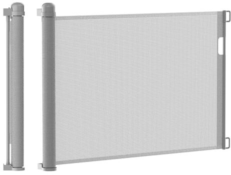 JNGLGO Barrera de seguridad Escalera retráctil 0-180 cm, barrera de seguridad enrollable para bebés y perros, operación con una sola mano, barrera protectora para escaleras/puertas/pasillos, gris