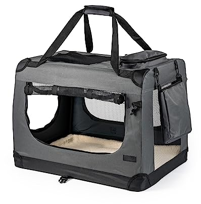 lionto Hundetransportbox faltbar für Reise & Auto, 60x42x44 cm, stabile Transportbox mit Tragegriffen & Decke für Katzen & Hunde bis 12 kg, robuste Hundebox aus Stoff für klein & groß, grau
