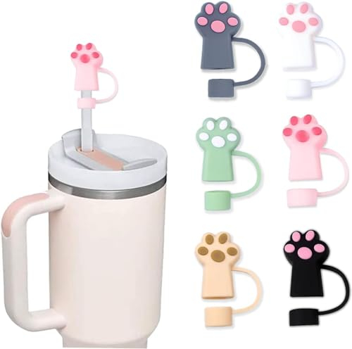 ALINK Straw Cover for Stanley Cups 40 oz - 6 Pack Cute Colorful Silicone Reusable Drinking Straw Lids for Stanley Cup Dust-Proof Straw Plugs for Straw Tips for 10 mm (Footprints)
