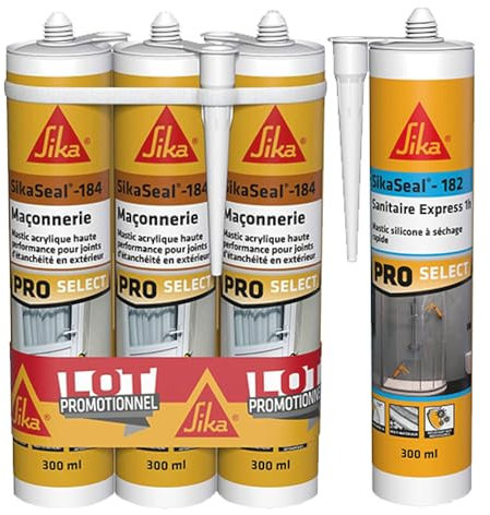 SIKA - Lot de 3 x Mastic acrylique - Réparation de fissures et joints pour fenêtres et murs - Blanc - 3x300ml + Mastic silicone à séchage rapide - Anti-moisissures - Joint sanitaire - Blanc - 300ml