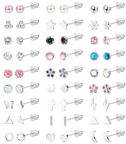 JeweBella 27 Pairs Flat Back Earrings for Women Girls Kids Hypoallergenic Surgical Steel Earrings Flower Butterfly Zirconia Small Silver Earrings Set Cartilage Sleeper Stud Earrings