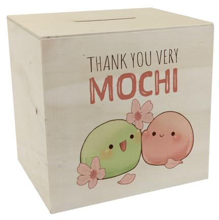 Mochi Spardose aus Holz mit Spruch Thank You Very Mochi Kawaii Manga Japan japanisch Trinkgeld Taschengeld Danke