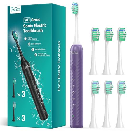 Brosse à Dents éLectrique Pour Adultes Avec 6 TêTes De Brossage, Brosse à Dents Sonique Rechargeable, 4 Heures De Charge, 180 Jours D'Utilisation,Brosse à Dents Ultrasonique, Violet