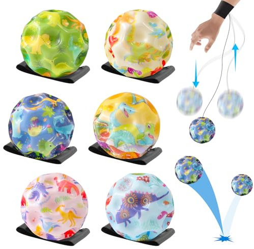 LETTERASHQP Ball Mit Schnur Kinder 6 Stück Springball mit Schnur Dinosaurier Bouncing Ball Toy Handgelenk Returnball Moon Space Ball Hohe Springender Gummiball Wrist Ball für Kinder Innen und Außen