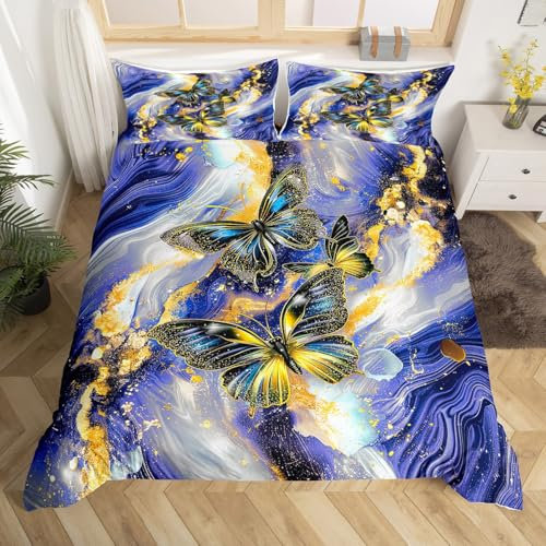 Navy Blue Marble Duvet Cover Set Black Butterfly Super King Bedding Set,Gold Marbling Comforter Cover Abstract Ombre Ink Fluid Art Bed Set,Rustic Animal Dreamy Butterflies Room Decor Aesthetic