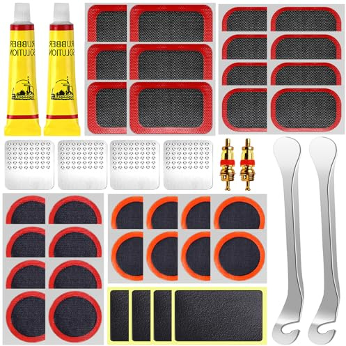 GMUFTIR Kit Riparazione Bici, 44 Pezzi Kit Riparazione Pneumatici Bici con Toppe, Leve Smontagomme e Scatola Portatile, Kit Riparazione Camera d'Aria Bici per Bicicletta Ciclisti, Moto, BMX