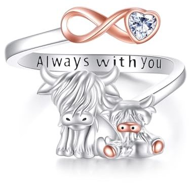 Hochlandrinder-Ring aus 925 Sterling Silber, offener Ring mit Hochlandrinder-Motiv, verstellbarer Ring, Schmuck für Frauen und Liebhaber.