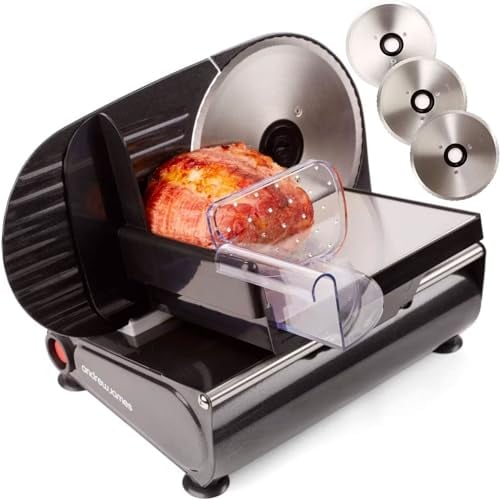 Andrew James Meat Deli Slicer Electric Food Slicer for Bread, Meat, Cheese & Sunday Carvery | Meat Cutting Machine with 3 Interchangeable 19cm Blades | Plastic Pusher, Blade Guard, Non-Slip Feet 150W