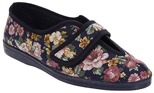 Sleepers Womens Wilma Wide Fit Cotton Slippers with Touch Fastening Floral Navy (EE Fitting)