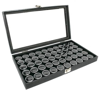 Novel Box Große Schmuckvitrine 14,75 x 8,25 x 2,1 cm + kleine Gläser mit 50 Edelsteinen, Glas-Schmuckschatulle mit Deckel und schwarzem Tablett, Schaumstoffeinsatz, Aufbewahrungsbox mit