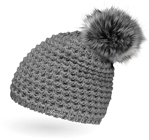 Neverless Damen Strickmütze mit Fell-Bommel und Fleece gefüttert, Kunstfell, Winter-Mütze, Bommelmütze, Hellgrau Unisize