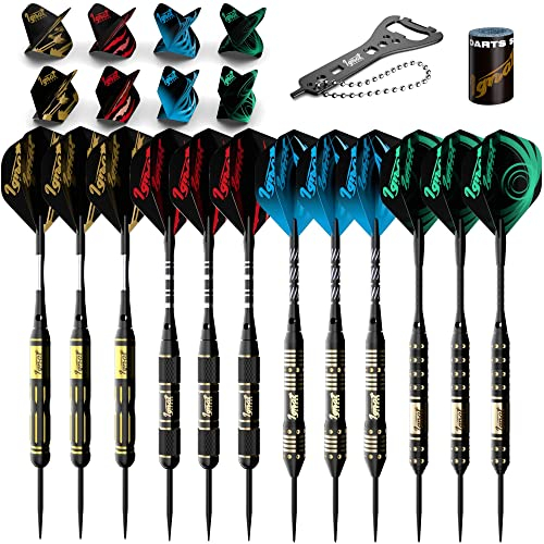 IgnatGames Dartpfeile mit Stahlspitze-Set, 12er Premium Darts (18–24g Messing-Barrels, Alu-Schäften), 32 Standard- & Slim GlideXPro Flights, Spitzer, Schraubenschlüssel & exquisites Etui