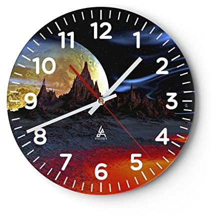 Modern Wanduhr Planeten Mond Universum 40x40cm Rund Groß Wand Uhr Glas Analog Zimmeruhren Küche Büro Wohnzimmer Glasuhr Wall Clock Dekoration Design Wanddekoration Küchenuhr C4AR40x40-2346