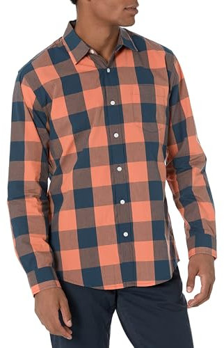 Amazon Essentials Men's Regular-Fit Long-Sleeve Casual Poplin Shirt, Navy Orange Buffalo, L