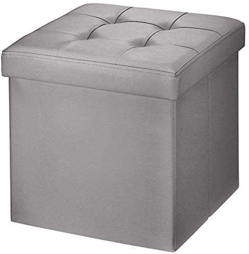 BRIAN & DANY Faltbarer Ottomane aus Kunstleder, würfelförmig, Fußstütze, Hocker mit Bezug, Aufbewahrungstruhe mit hochelastischer Schwammfüllung, Grau, 38 x 38 x 38 cm