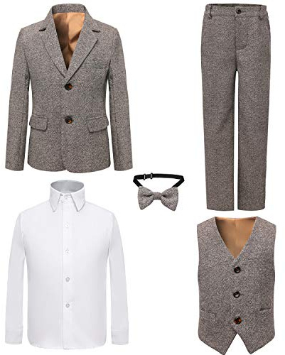 Boy's 5 Pieces Tuxedos Toddler Formal Suits Set Kids Slim Fit Suit for Weddings Size 10 Linen