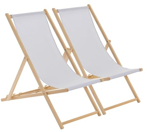 Harbour Housewares Folding Wooden Deck Chairs – Light Grey – Pack of 2 – Adults Traditional Foldable Reclining Outdoor Canvas Sun Lounger Chair Seat for Garden Patio, Beach, Camping