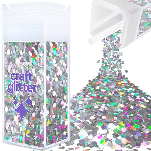 Hemway Premium Craft Glitter Shaker - Silver Holographic | 110g Super Chunky Metallic Flake Sequins for Resin & Epoxy Crafts | Craft Supplies for Festival, Tumblers, Body, Face, Eye & Nail Art
