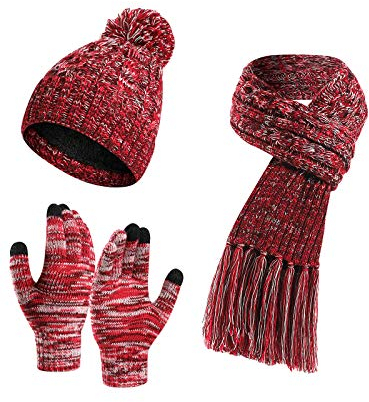 YOUNGSOUL Mütze Schal Handschuhe Set Damen Wintermütze mit Fleecefutter Warme Beanie Touchscreen Handschuhe und Strickschal mit Fransen Weinrot