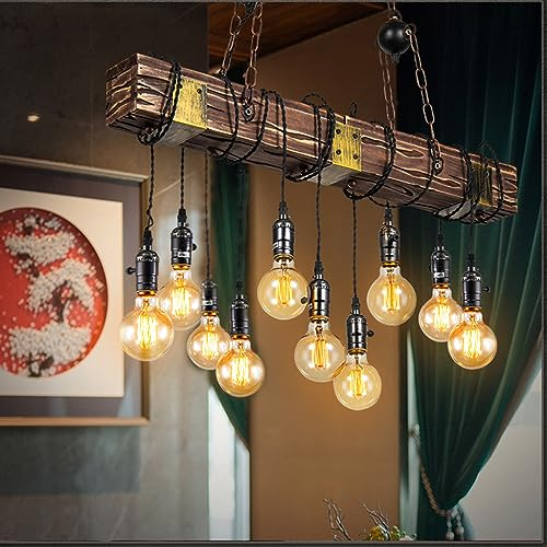 A.1.Coo LED Pendelleuchte Vintage Kronleuchter Alte Holzbalken Lampe Rustikal Metall Hängelampe Höhenverstellbar Leuchtmittel E27 Industrie Deckenlampe Für Esszimmer/Wohnzimmer/Café(10-Flammig)