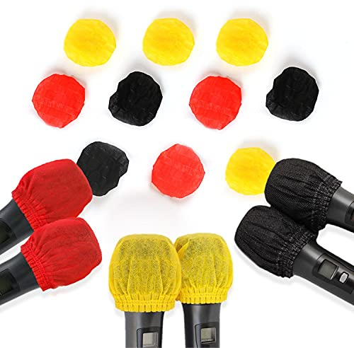Lot de 100 couvertures de micro hygiéniques jetables non tissées antibactériennes pour la plupart des microphones portables, pour karaoké, concerts, karaokés d'enregistrement (50Noir 25Rouge 25Jaune)