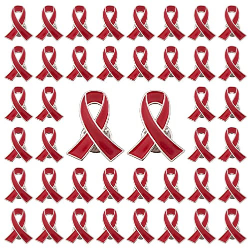 WANDIC Red Ribbon Pin, 50 Stück Herzkrankheits-Aufklärungsbänder AIDS Awareness Revers Pins Hope Pins Emaille Schmuck Pins für Frauen