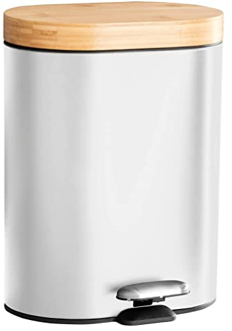 Solly´s Cubo de Basura con Tapa de Bambú, Cubo de Baño con Apertura a Pedal, 6 litros, Blanco