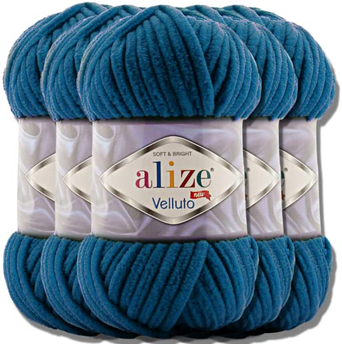Hobby YARN Alize Velluto 5x 100g Türkische Strickwolle super Bulky Wolle zum Häkeln Uni Farbe Babywolle Flauschgarn Filzwolle Kuschelwolle (Mykonos Blue | 646)