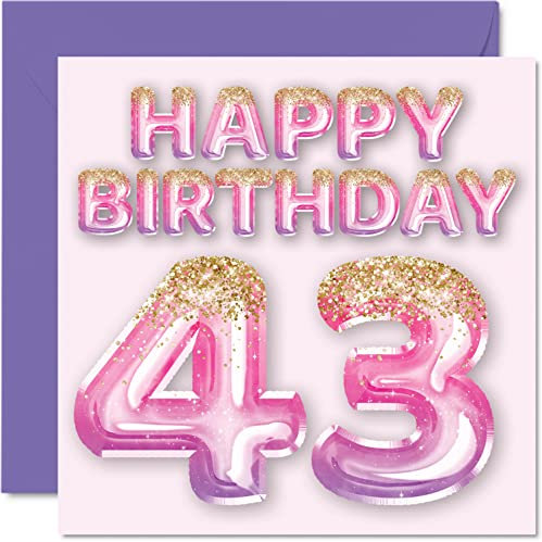 Geburtstagskarte zum 43. Geburtstag für Frauen – rosa und lila Glitzerballons – Happy Karten für 43 Jahre alte Frau Mama Cousin Freund Schwester Tante 145 mm vierzig 3 dritte Grußkarten Geschenk