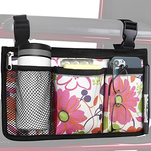 Rollstuhlaufbewahrungstasche Armlehnentasche mit Becherhalter und Reflektorstreifen Wasserdichtes Gewebe, für die meisten Rollstühle, Rollatoren oder Rollatoren (Rosa Geblümt)