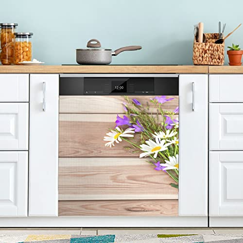 Kühlschrank-Magnetabdeckung, Motiv: Blumen, Glockenblöckchen, Gänseblümchen auf hellem Holz, 58,4 x 66 cm
