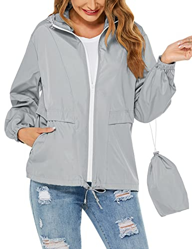Tisfeer Outdoorjacke Damen Wasserdicht Atmungsaktive Regenmantel Windbreaker Wandern Reisen Fahrrad Regenjacke(Grau,L)