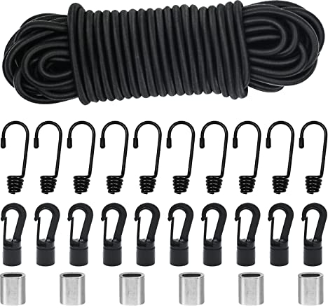 Episkey Tendeur Elastique 6mm 15m Noir, Corde Élastique Tendeurs Elastique avec Crochets, Sangle Elastique pour Bache, Crochet Velo, Crochet Fixation (Noir, 6mm x 15m)