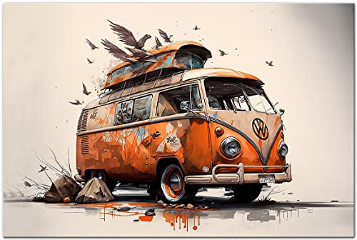 Printonia Leinwandbild 120x80cm Volkswagen VW-Bus Bulli T1 Transporter Oldtimer Abstrakt Art Automobil Bilder Deko Dekoration Wandbild Kunstdruck