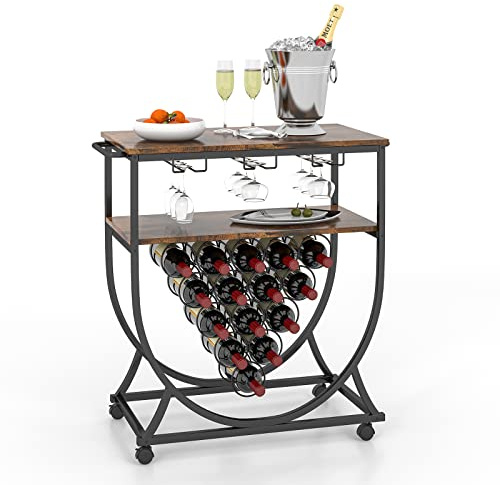 COSTWAY Barwagen auf Rollen, Servierwagen mit 2 Ablagen, 3 Reihen Glashaltern und 15 Flaschenhaltern, Weinregal im Industrie-Design, 83 x 40 x 83 cm