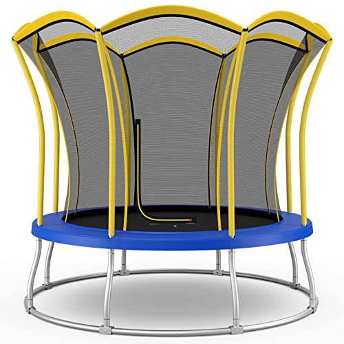 COSTWAY Outdoor Trampoline, 8FT/10FT Round Trampolines with Safety Enclosure Net, Unique Flower Shape Jumping Bounce Toy for Kids (Yellow, 10FT)