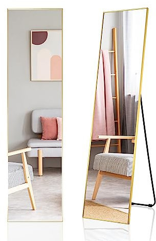 HOMASIS 2 in 1 Wandspiegel & Standspiegel, Ganzkörperspiegel 160 x 40 cm, Garderobenspiegel mit Metallrahmen, Ankleidespiegel bruchsicher, Bodenspiegel für Schlaf-, Wohnzimmer & Flur (Gold)