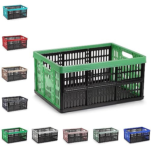 Multi-Purpose Folding Collapsible Plastic Storage Boxes Crates Collapsible Plastic Crates Portable Stackable Container Basket for Home Office Garage Tool (Black & Green - 32L)