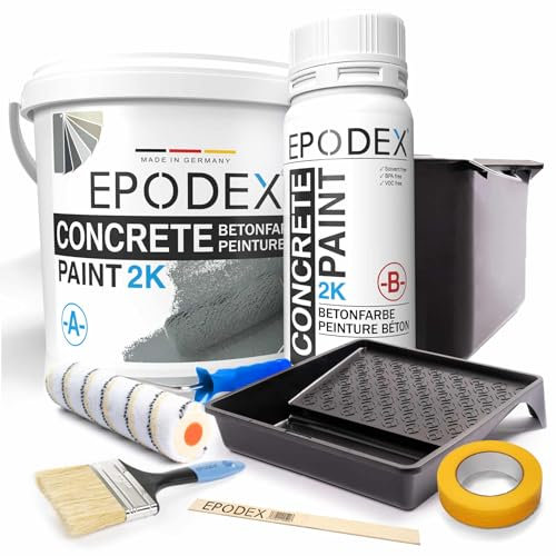 EPODEX 2K Betonfarbe | Bodenfarbe mit Zubehör für Garagenbodenbeschichtung, Bodenbeschichtung | hochdeckend, wasserfest | Keller, Garage, Werkstatt | 12kg (46m² für 2 Anstriche)